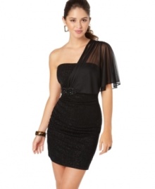 A draped chiffon one-shoulder sleeve adds a modern yet chic flair to this glitter encrusted Jump mini dress -- pair it with rhinestone accessories to amp up the shine!