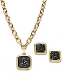 Stylish squares stand out in this pendant necklace and stud earrings set from Charter Club. Crafted from gold-tone mixed metal, the pieces pop with jet stones in the center. Items come packaged in a signature Charter Club box. Approximate length, necklace: 16 inches + 3-inch extender. Approximate drop: 1 inch. Approximate drop, earrings: 1/2 inch.