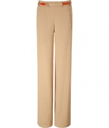 Gorgeous pants in beige viscose - Thin belt with red detail adds interest with a modern take on a classic trouser - Side pockets with decorative lines - Wide, flared leg - Style with elegant heels, loose, silk top, and chunky bangles