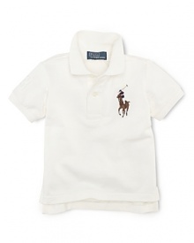 A classic polo shirt is updated with a multicolored Big Pony for preppy style.