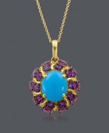 Elegance and vivacity defined. Pendant from CARLO VIANI® features an oval-cut turquoise (3-1/3 mm) surrounded by amethyst (3-1/3 ct. t.w.) in a 14k gold setting. Approximate length: 18 inches. Approximate drop: 1 inch.