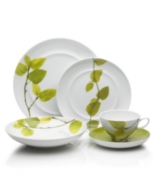 Forever spring. Bright new leaves plucked just for your table drape this coffee server for a fresh, modern look. From Mikasa dinnerware, the dishes of this Daylight set are durable and stylish in white porcelain with a loop handle and fluid shape that broadens from bottom to top. Not shown.