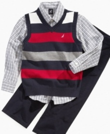 Your little guy will be sporting big guy style in this cute sweater vest, shirt and corduroy pants set by Nautica.