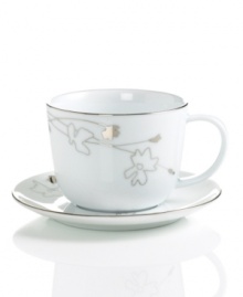 Wildflowers take off on glazed white porcelain, sparkling as they tumble aimlessly around the Platinum Silhouette cup and saucer from Charter Club dinnerware. The dishes have banded edges that add a classic touch to a pattern with modern spirit.