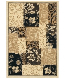 Sweeping images of leaves and flowers are mixed with black and beige block patterns on this modern rug from Karastan. Woven from pure New Zealand wool, this distinctive piece makes its high-fashion mark in nearly any decor from casual to contemporary.