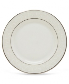 Pure opulence. Posh opalescence. This classically designed line of Lenox dinnerware and dishes is accented by a platinum rim and a delicate flourish of vine-like, white-on-white imprints with raised, iridescent enamel dots. Great gift for a housewarming, wedding or yourself. Bread and butter plate shown top right. Qualifies for Rebate