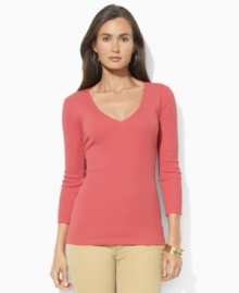 Lauren Jeans Co.'s fine-ribbed cotton top is crafted for superior comfort, and finished with chic three-quarter length sleeves and V-neckline for easy elegance.