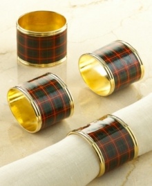 Plaid makes perfect. Goldtone metal and a classic print make this set of Lenox Nouveau Plaid napkin rings a handsome accessory for holiday tables.