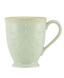 With fanciful beading and an antiqued edge, this Lenox French Perle mug has an irresistibly old-fashioned sensibility. Hardwearing stoneware is dishwasher safe and, in an ethereal ice-blue hue, a graceful addition to every meal. Qualifies for Rebate