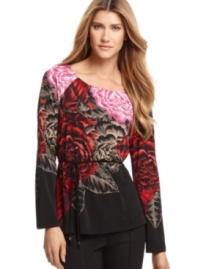 An oversized floral print on this T Tahari Maya blouse makes a chic statement perfect for the season's soirees!