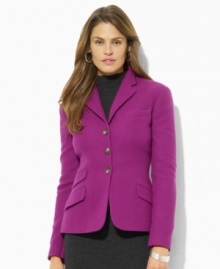 Designed in sophisticated wool tweed, Lauren Ralph Lauren's smartly tailored petite jacket is an elegant representation of chic, modern style.