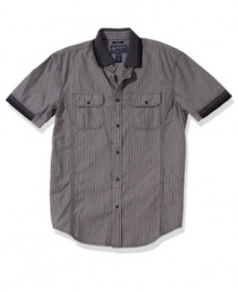 Get sporty in stripes. You'll be the style kingpin in this updated short-sleeve shirt from American Rag.