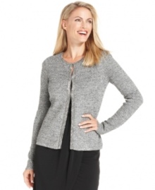 Nubby metallic knit and beaded trim combine for a couture-inspired petite cardigan from Charter Club.