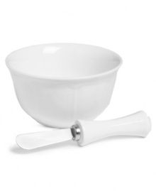 Scalloped detail adds a touch of texture to the simply elegant Antique White dip bowl and spreader by Mikasa. Ultra-durable porcelain is equally suited for formal dinner parties and every day.