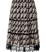 Bring whimsical charm to your daytime style with this star printed skirt from Anna Sui - Elasticized waist, tiered skirt, star-detailed lace trim, all-over start print - Wear with a boho-inspired blouse, platform sandals, and a cardigan