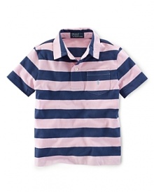 A classic polo is rendered in striped jersey-knit cotton for a preppy look.