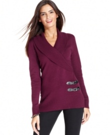 Wrap up in this cozy shawl-collar sweater from Debbie Morgan's petite collection -- a fall favorite!