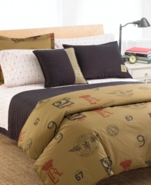 Featuring an allover print of numbers, winged crests and more Lauren Ralph Lauren emblems, the Rawley comforter makes over your bed in rugged military style and soft, 100% cotton luxury.