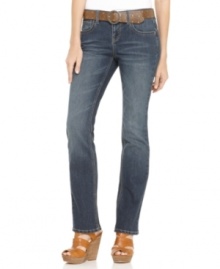 Earl Jeans has petite denim perfected. This straight leg look comes already accessorized with a stylish removable belt, and the wash features fashionable whiskering and fading through the legs.