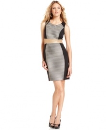 The embodiment of modern sophistication in a graphic mix of solids and stripes, Calvin Klein's chic petite sheath dress needs only the subtlest accessories -- its bold patterns speak for themselves.