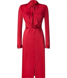 Luxurious dress in fine red viscose - Immensely flattering material, feminine cut - Elegant, slim cut, collar with bow tie, long sleeves and a chic, knee-length pencil skirt - Decorative button panel, figure-flattering accentuated waist - The look: sophisticated, fashionable and trendy - Wear with boots, platform pumps or peep toes