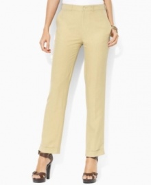 Crafted in luxurious silk-linen poplin for lightweight elegance, these Lauren by Ralph Lauren pants are tailored in a modern ankle-length silhouette with chic vintage-inspired buckles at the back.