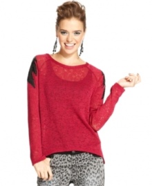 Dramatic split-back design and sequin embellished shoulders make this sweater from Material Girl a favorite in our book. Open-knit design gives this pullover a cool, burnout effect. Love it!