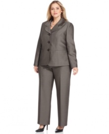 A unique fabric with a touch of shine enhances this elegant plus size pantsuit from Le Suit. Add a satin blouse or a colorful shell to complete the look.