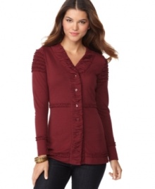 Cozy up to this cute petite cardigan by Heather B! Head-turning details like a thick ruched placket and pintuck ruffle trim make this one anything but basic! (Clearance)