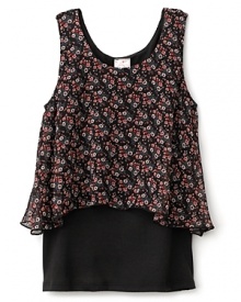 From Kiddo, a chic layered look built around a floral chiffon cropped top and solid black under shirt.