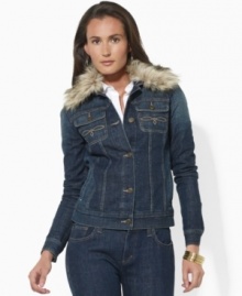 Lauren Jeans Co.'s classic denim jacket is updated for the season with a detachable faux-fur collar, adding luxurious appeal to any layered wardrobe.