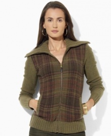 Knit in cozy lambswool, Lauren Ralph Lauren's full-zip petite cardigan is finished with a muted plaid pattern at the front and chunky knit funnel neckline for style and warmth.