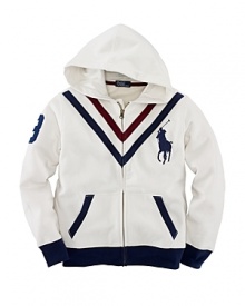 A traditional zip-up hoodie is accented with contrasting stripes, a twill 3 and a Big Pony for a sporty look.