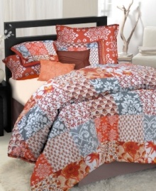 A vibrant palette of orange, red, grey and white illuminates your room in this Moroccan-inspired comforter set. Features a distinctive patchwork style pattern where squares display different floral designs. Two solid-colored decorative pillows tie together this look that's full of life.