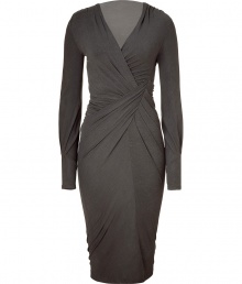 Luxe dress in fine, grey viscose stretch - A modern classic from Donna Karan - Asymmetric drape and ruching detail at waist and hips create a knockout silhouette, elongating the entire body - Flattering V-neck, long sleeves elegantly taper at cuff - Curve-hugging pencil skirt hits at knee - Sexy and sophisticated, a dynamite must for parties and events - Style with ankle booties or platform pumps and a colorful clutch