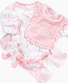 This adorable ballerina print bodysuit, bib, pants and sock set by Cutie Pie will dance its way into your little ones heart.