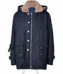 Utilitarian styling gets an exquisitely modern remake in Ermanno Scervinos navy wool parka, detailed in a luxurious mix of virgin wool and shearling for chic results guaranteed to keep you warm in style - Shearling lined spread collar, removable shearling lined hood, long sleeves with velcro tabbed cuffs, optional front zip or snap closures, 4 front patch pockets, drawstring hemline, back vent, quilted nylon lining, inside slit pockets - Classic straight fit - Pair with sleek leather gloves and cashmere knit hats