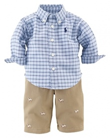 A timeless, preppy set pairs a classic plaid button-down shirt with an embroidered chino pant for a heritage look.