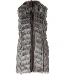 Inject a dramatic edge into your chic outerwear collection with Rachel Zoes ultra glam faux fur vest - Oversized spread collar, front zip, chocolate trim and collar lining - Long lean silhouette - Wear over luxe knits and trend favorite leather leggings