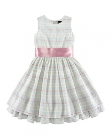 A charmingly traditional dress in multi-striped cotton seersucker has a pretty, full skirt with a petticoat and ribbon sash.