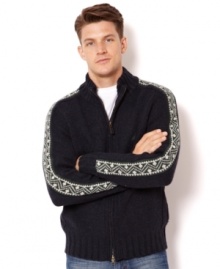 A classic fair isle pattern adds character to this zip front sweater from Nautica.