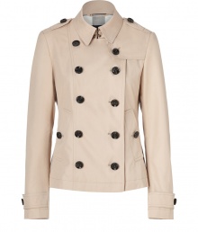 With heritage detailing reflecting the original Burberry trench, this cotton poplin jacket from Burberry Brit counts as an iconic, 4-season investment - Classic collar with hook closure, set-in long sleeves with belted cuffs, epaulettes, gun flap, double-breasted button-down front - Fitted silhouette - Pair with slim trousers or jeans and a cashmere pullover