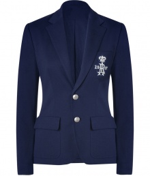 Work a polished preppy edge into your outfit with Ralph Laurens classic navy structured blazer, detailed with an embroidered emblem for that iconic American look - Notched collar, long sleeves, buttoned cuffs, front button closures, flap pockets, white embroidered emblem - Tailored fit - Wear with a button-down and slim-fit trousers