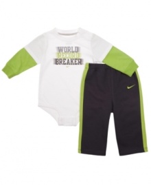 Power performance. Set him up for top marks with one of these sporty bodysuit and pant sets from Nike.