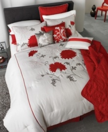 Find the right tempo. Boasting embroidered and applique blooms in crisp red and white hues, this Tempo comforter set brings a delightful look to your room. Comes with a complete set of components including a quilted coverlet, window treatments and decorative pillows for the full effect.