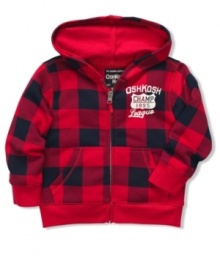 Prep him for the day in plaid and comfort with this checkered hoodie from Osh Kosh.