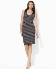 Imbued with nautical sensibility, this breezy petite cotton jersey dress from Lauren by Ralph Lauren is designed with slim stripes and a rope belt for a modern, stylish appeal. (Clearance)