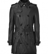 With its ultra soft black lambskin and iconic classic styling, Burberry Brits timeless trench has never felt so luxurious - Small spread collar, epaulettes, long sleeves with belted cuffs, double-breasted front button placket, belted waistline - Tailored silhouette - Pair with urban-cool knitwear and sharply tailored trousers