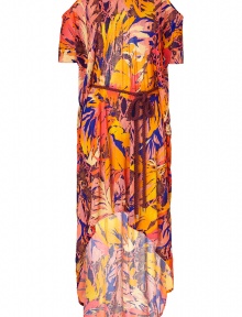 Luxurious and dramatic dress in fine patterned viscose - Designed by the fashion darling Matthew Williamson, know for his spectacular prints - Features a stylish floral pattern in bright orange and indigo - Draped casually with a round neckline, feminine waist belt and sexy, cut-out short sleeves and back - Skirt is floor-length at back and short at front - Chic, modern and glamorous, looks great with peep toe heels when dressed up, or on holiday with metallic flat sandals