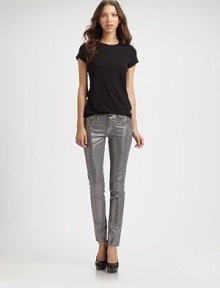 Slightly textured, foil-like finish makes these leggings-style skinnies the must-have style statement of the season. THE FITRise, about 7Inseam, about 31Leg opening, about 10½THE DETAILSButton closureZip flyFive-pocket styleSupima cotton/cotton/modal/polyurethaneMachine washMade in USA of imported fabricModel shown is 5'11 (178cm) wearing US size 4.